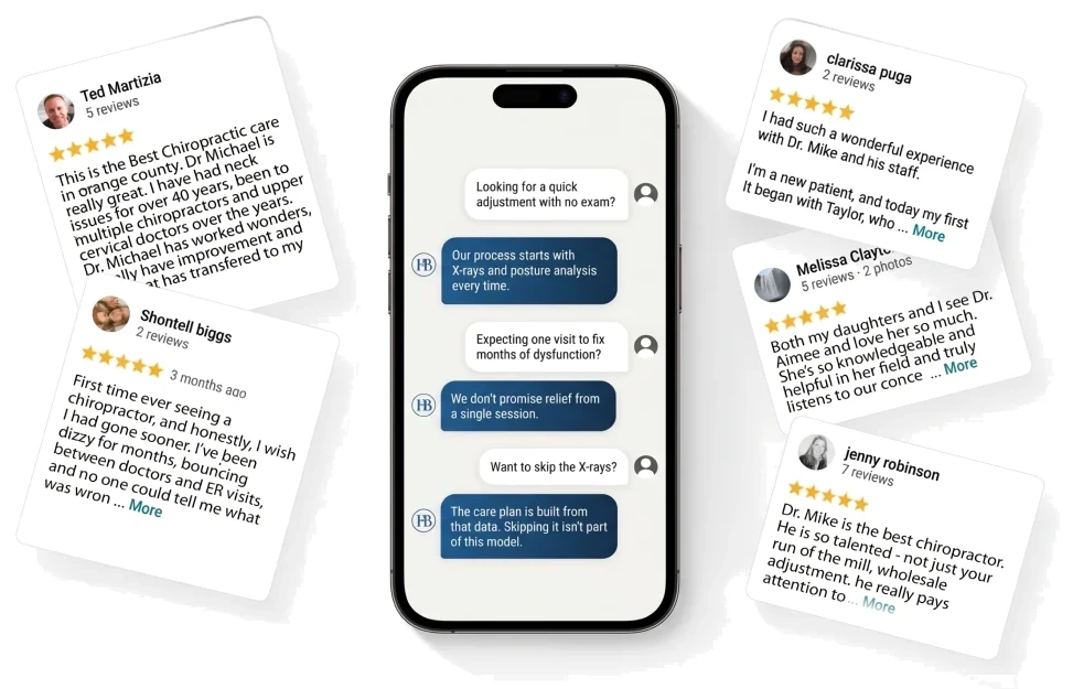 Patient reviews for Huntington Beach Chiropractic shown on a phone, surrounded by five-star review cards