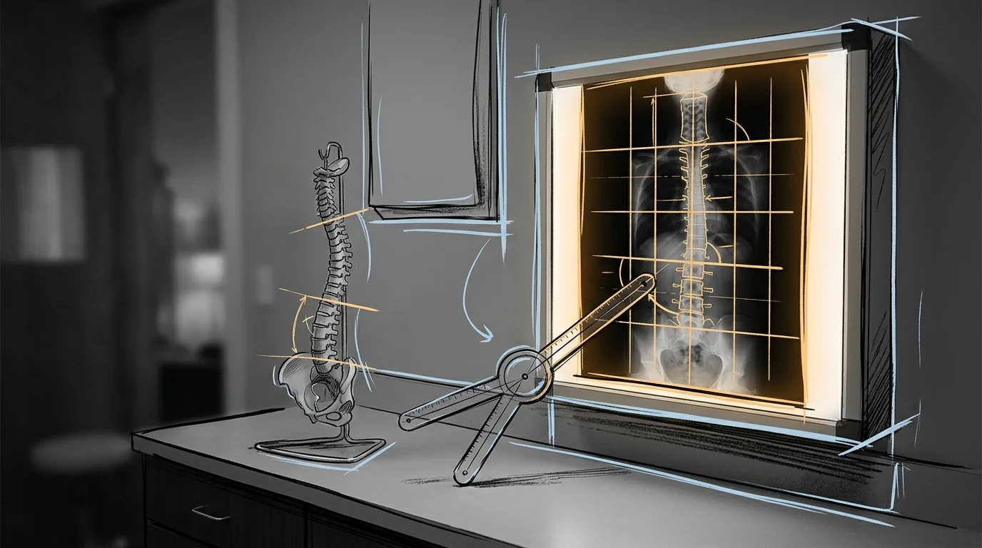 Digital X-ray panel showing spinal alignment measurement lines