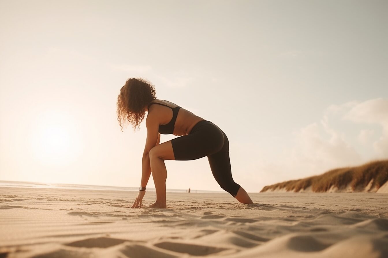 woman stretching at the beach woman stretching at the beach
