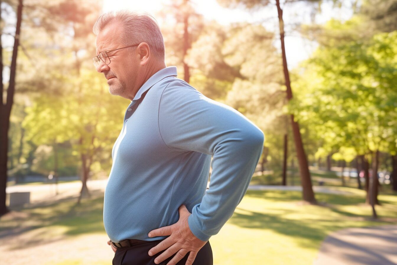 man standing in a park with back pain