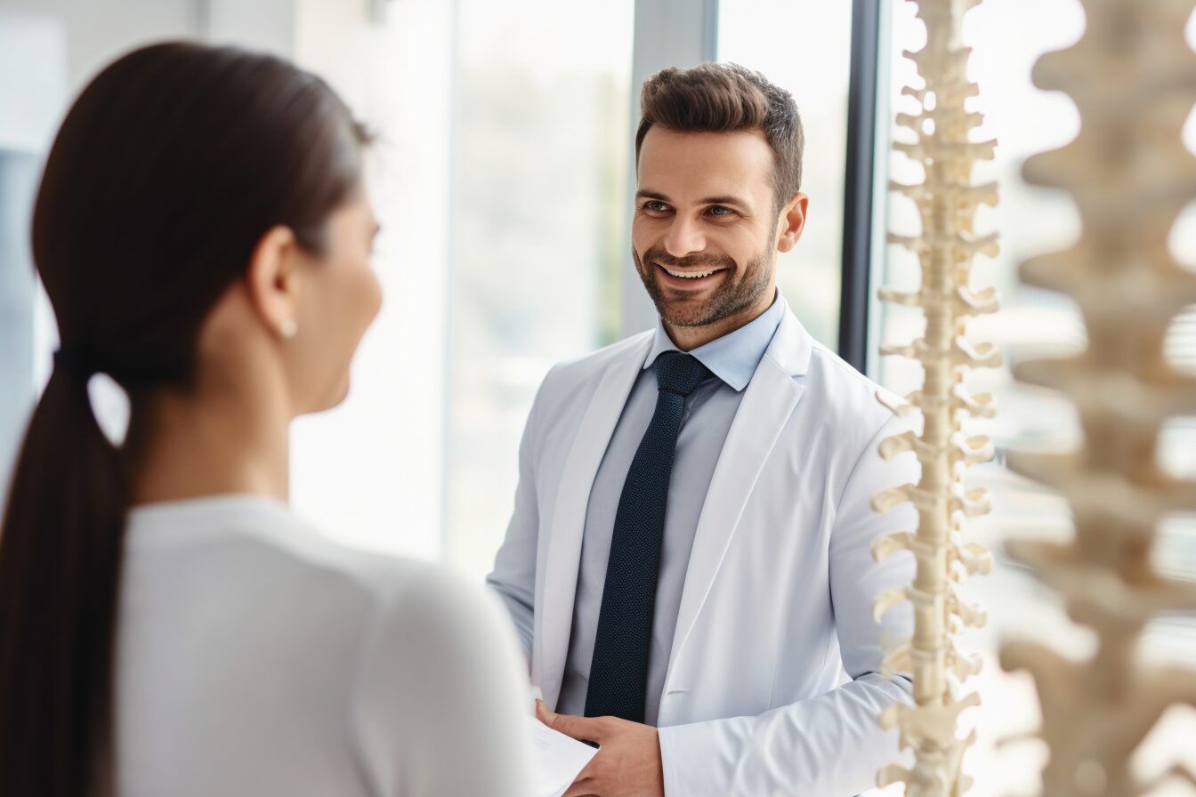 smiling chiropractor looking at a patient