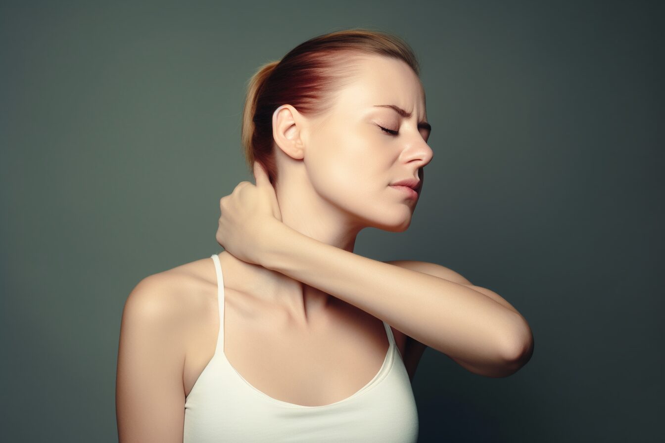 woman cracking her own neck woman cracking her own neck
