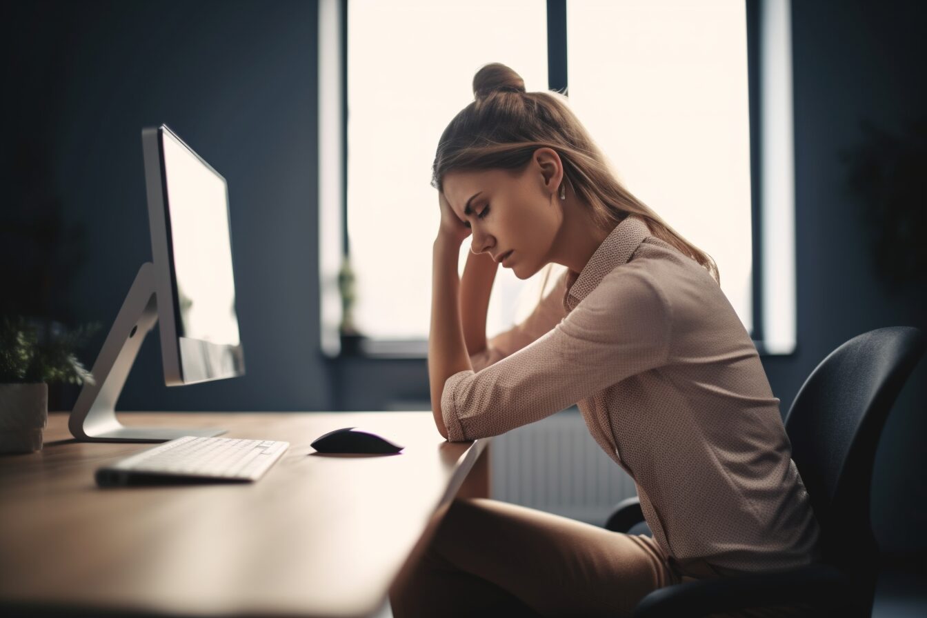 woman sitting hunched on her office chair woman sitting hunched on her office chair
