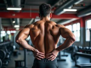 man in gym holding his back